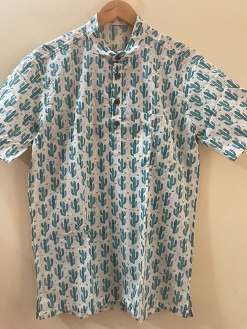 Cactus Print Half Sleeve Cotton Short Kurta for Men