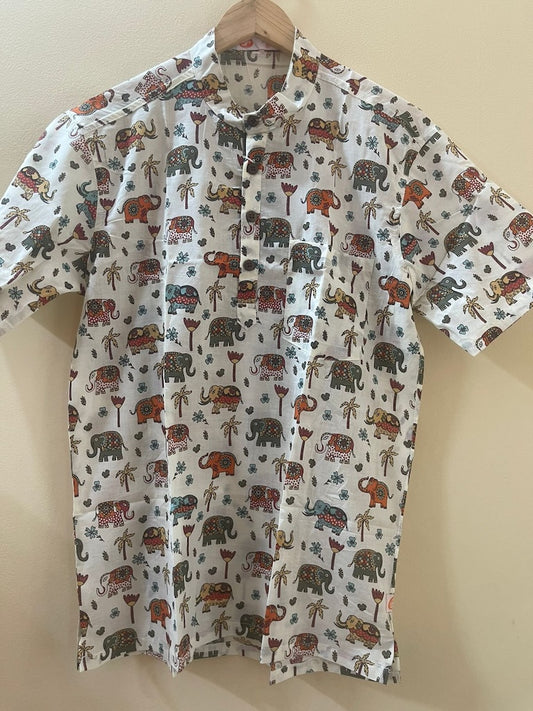 Cute Elephant Print Half Sleeve Cotton Short Kurta for Men