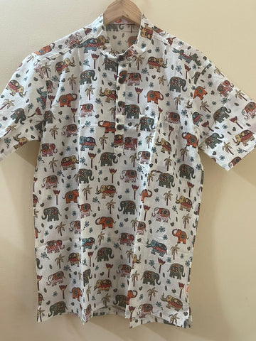 Cute Elephant Print Half Sleeve Cotton Short Kurta for Men