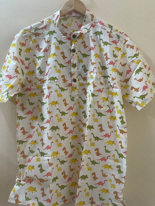Dino Print Half Sleeve Cotton Short Kurta for Men