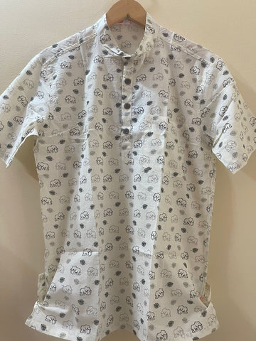 Small Elephant Print Half Sleeve Cotton Short Kurta for Men - Black