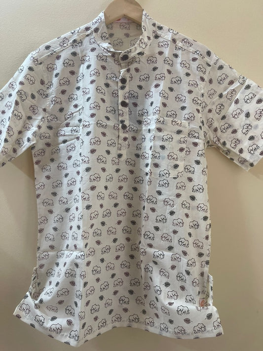 Small Elephant Print Half Sleeve Cotton Short Kurta for Men - Brown