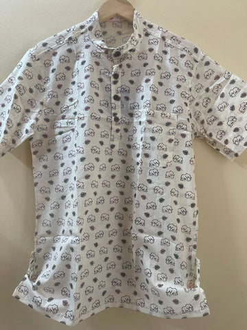 Small Elephant Print Half Sleeve Cotton Short Kurta for Men - Brown