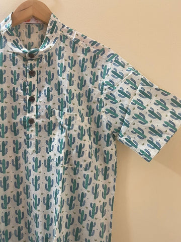 Cactus Print Half Sleeve Cotton Short Kurta for Men