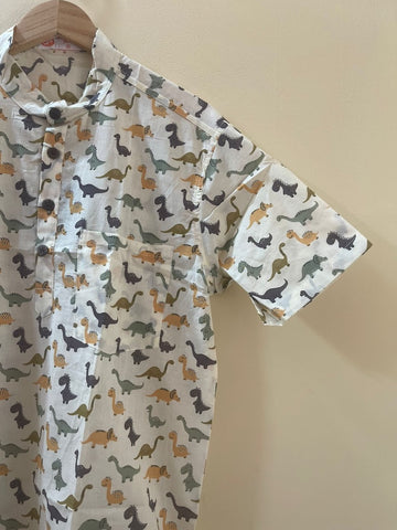 Dino Print Half Sleeve Cotton Short Kurta for Men