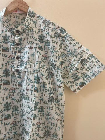 Tribal Print Half Sleeve Cotton Short Kurta for Men