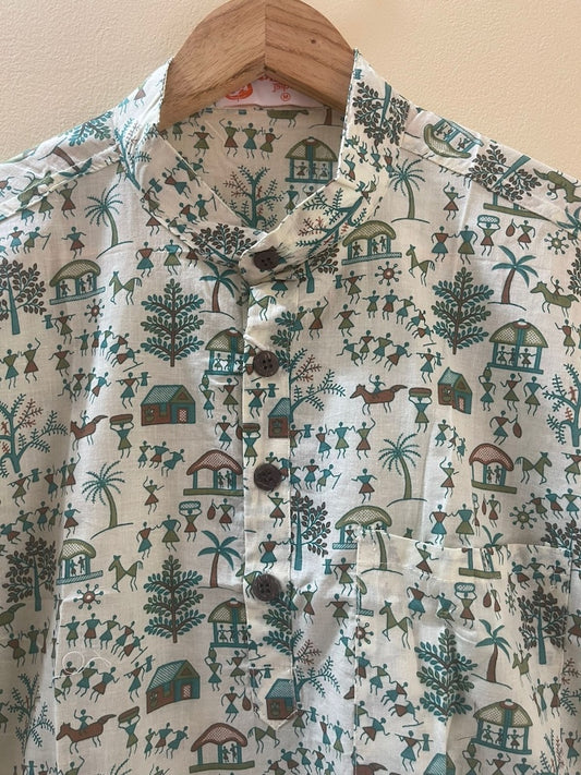 Tribal Print Half Sleeve Cotton Short Kurta for Men