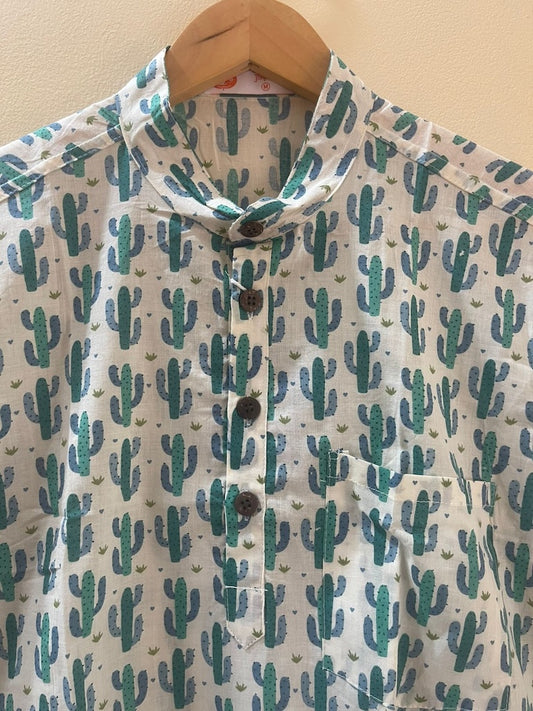 Cactus Print Half Sleeve Cotton Short Kurta for Men