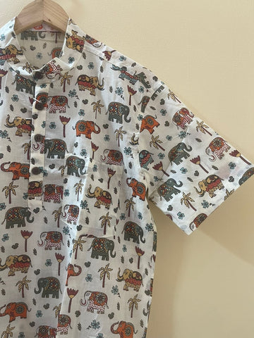 Cute Elephant Print Half Sleeve Cotton Short Kurta for Men