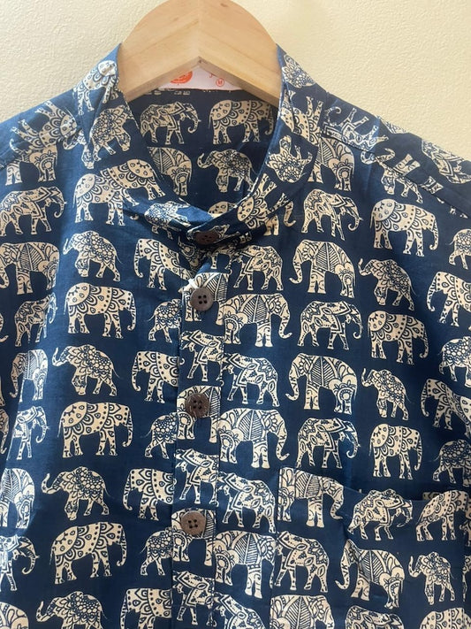 Elephant Print Half Sleeve Cotton Short Kurta for Men