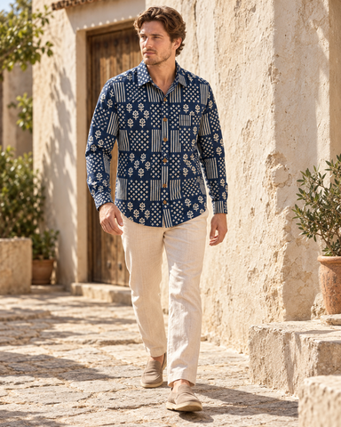 Kartikeya Jaipur Natural Print Indigo Full Sleeves Shirt -Organic ( Pre Book - Dispatch by 5TH NOV )