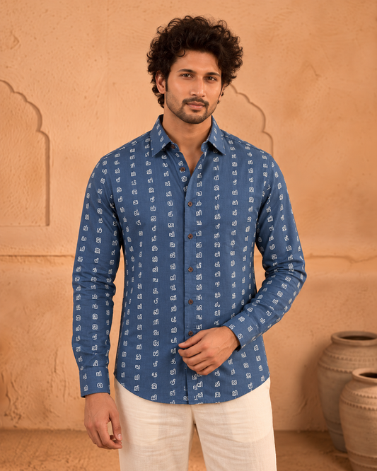 தமிழ் எழுத்து  Full Sleeve Tamil Classic Cotton Organic Shirt For Men - Blue