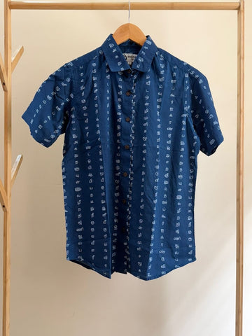 Tamil Alphabet Half Sleeves Classic Shirt for Women - Blue