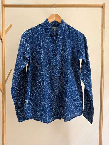 Classic Bandhani Print Indigo Full Sleeves Cotton Shirt for Women