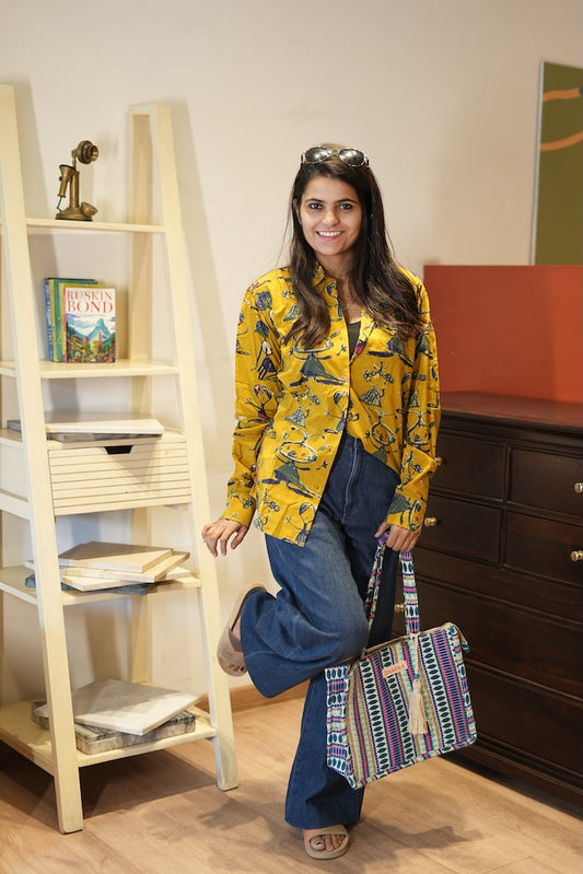 Yellow Button Down Abstract Cotton Shirt for Womens - Limited Edition