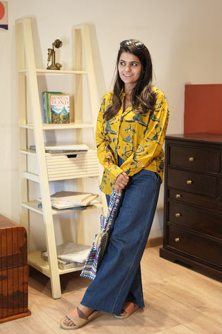 Yellow Button Down Abstract Cotton Shirt for Womens - Limited Edition