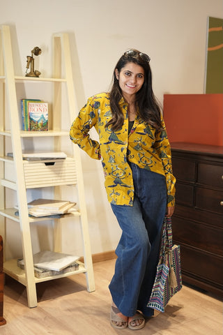 Yellow Button Down Abstract Cotton Shirt for Womens - Limited Edition