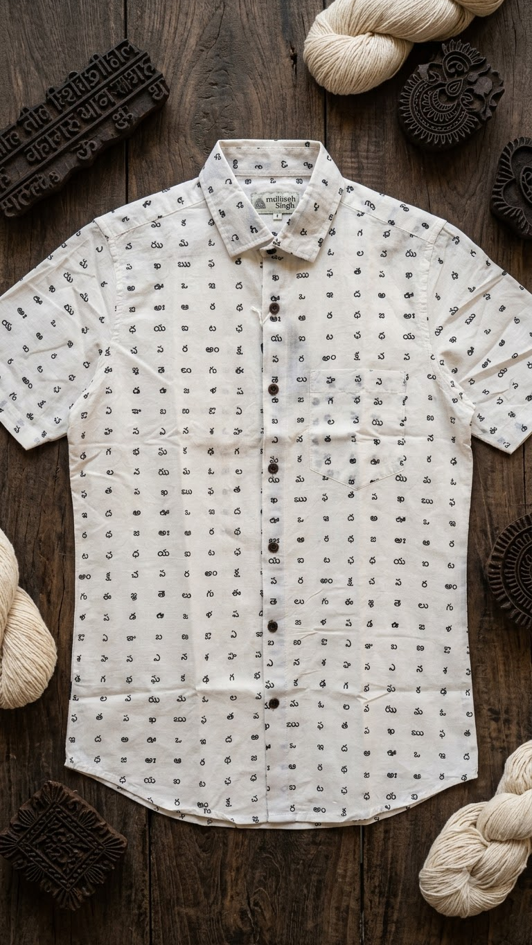 Classic Telugu Alphabets Printed Cotton Men's Shirt Half