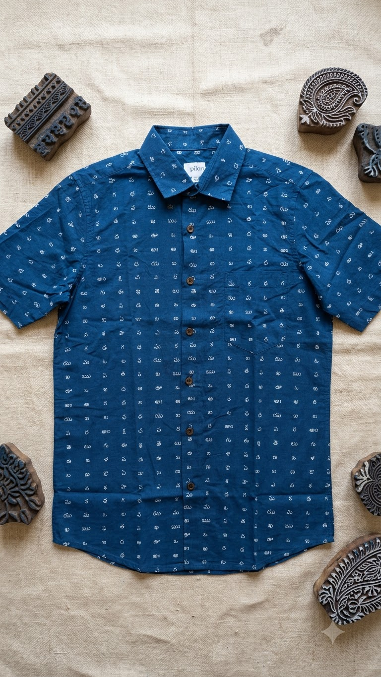 Classic Telugu Alphabets Printed Cotton Men's Shirt Half