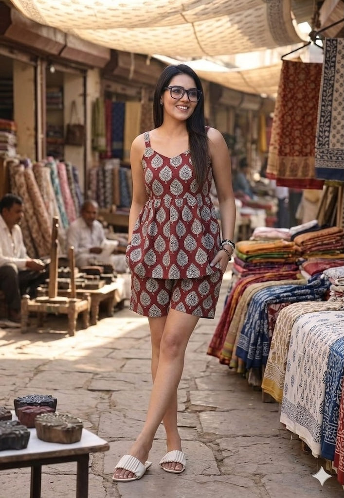 Handblock Bagru Hand Block Printed Top & Shorts