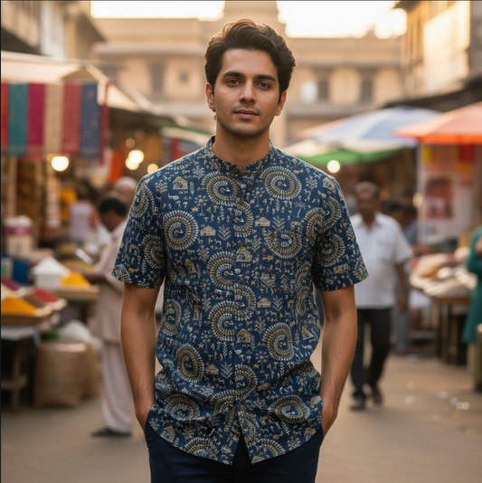 Tribal Print Vintage Cotton Shirt for Men - Blue