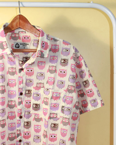 Magenta Owl Print Cuban Cotton Shirt for Men