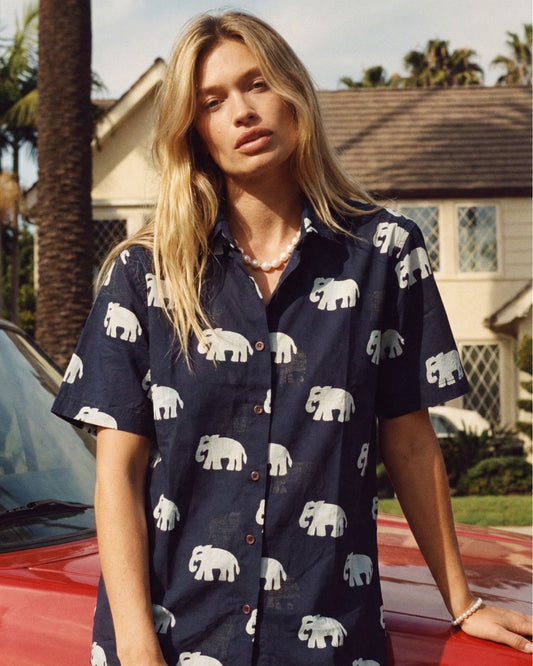 Classic Bold Elephant Print Half Sleeve Shirt for Women - Black