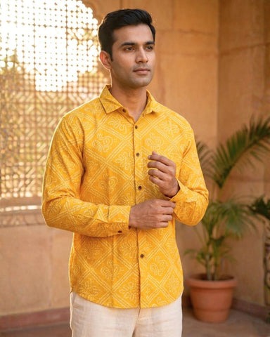 Bandhej Full Sleeves Haldi Shirt For Men ( Yellow )