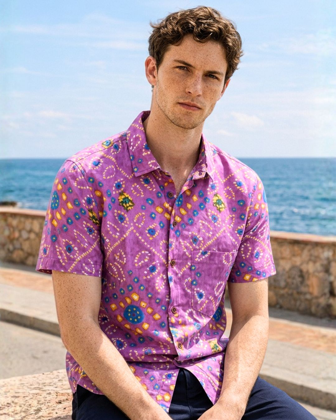 Purple Bandhej Print Men's Cotton Shirt