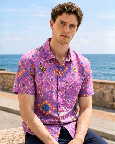 Purple Bandhej Print Men's Cotton Shirt