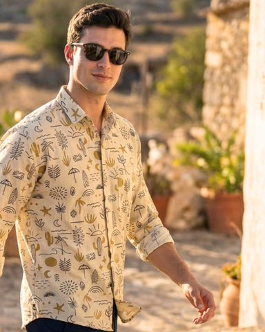 Beige Sun and Sand Cotton Full Sleeve Men's Shirt