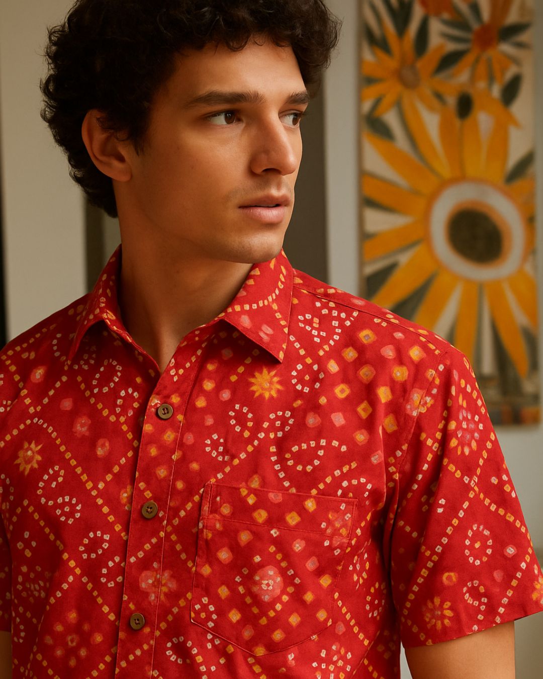 Red Bandhej Print Men's Cotton Shirt