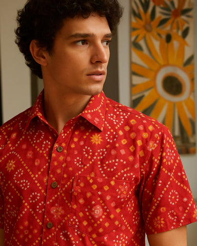 Red Bandhej Print Men's Cotton Shirt