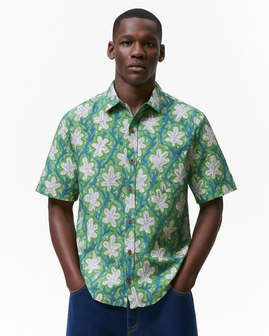 Ethnic Green Floral Block Print Cotton Shirt