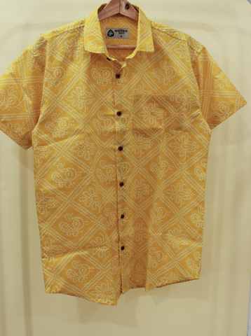 Cotton Half Sleeve Bandhej Haldi Print Shirt for Men