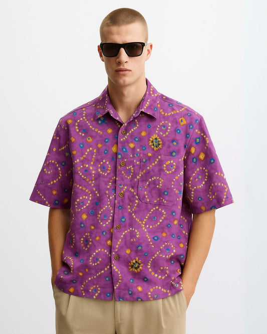 Purple Bandhej Print Men's Cotton Shirt