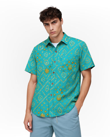 Turquoise Blue Bandhej Print Men's Cotton Shirt