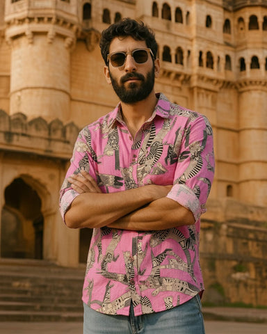 Sphynx Cat Print Cotton Pink Shirt for Men