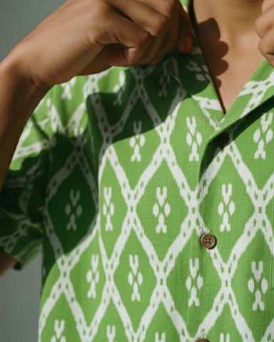 Green Geometric Print Cuban Shirt Men