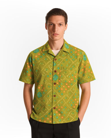 Olive Green Bandhej Print Men's Cotton Shirt