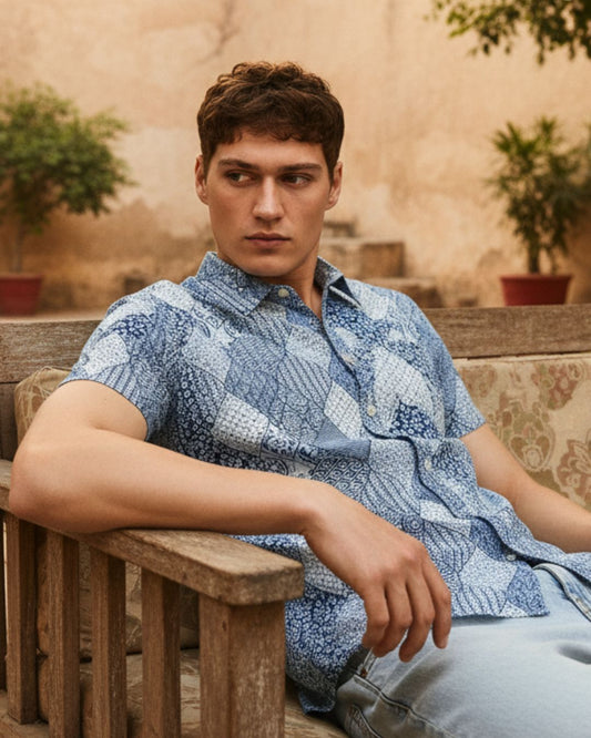 Abstract Wavy Indigo Print Half Shirt for Men