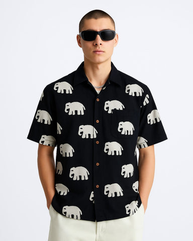 Bold Elephant Print Black Shirt for Men