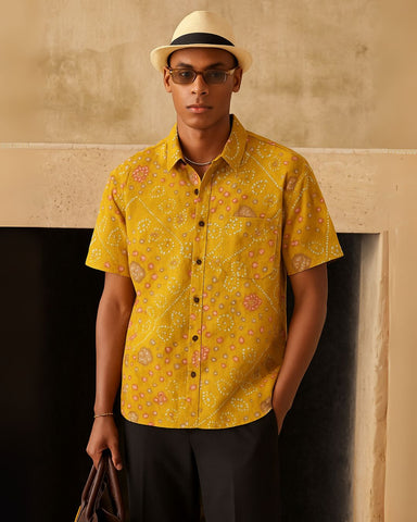 Yellow Bandhej Print Men's Cotton Shirt