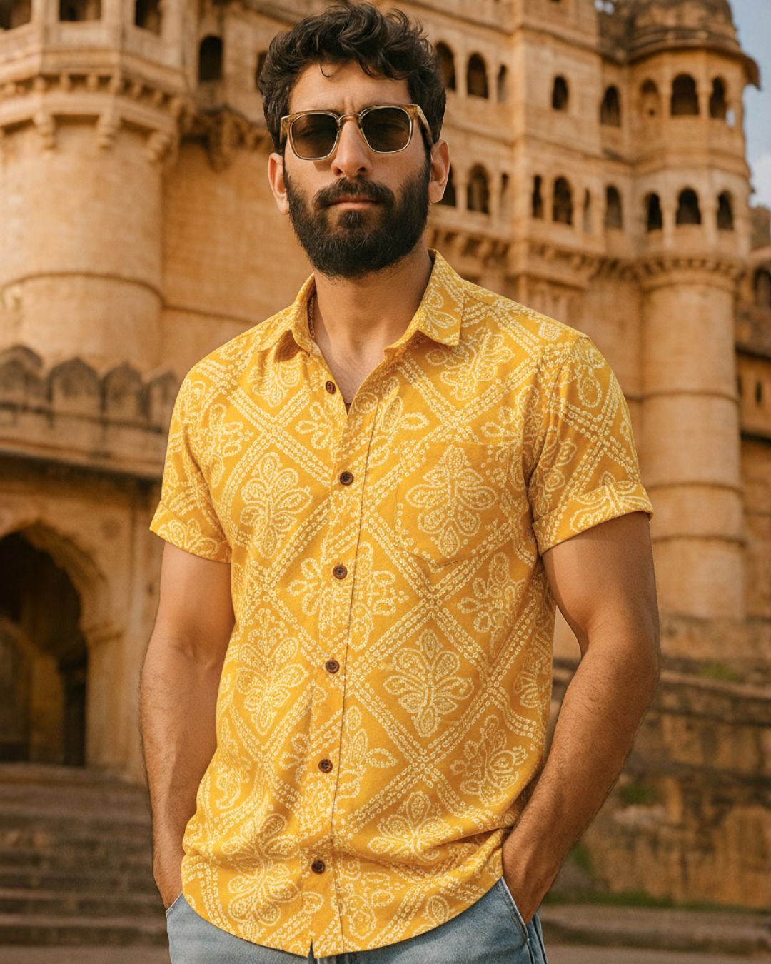 Cotton Half Sleeve Bandhej Haldi Print Shirt for Men