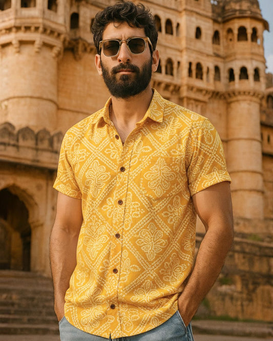 Cotton Half Sleeve Bandhej Haldi Print Shirt for Men