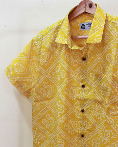 Cotton Half Sleeve Bandhej Haldi Print Shirt for Men