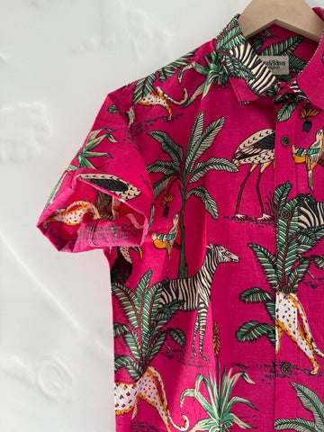Pink Jungle Print Vintage Short Sleeve Men's Shirt