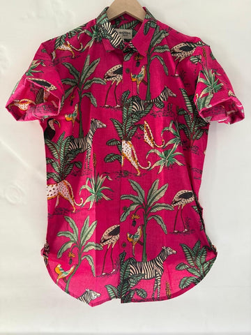 Pink Jungle Print Vintage Short Sleeve Men's Shirt