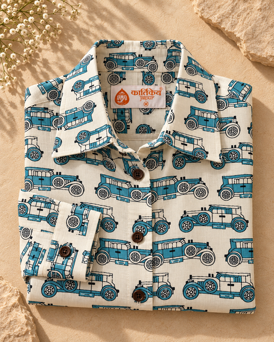 Loose Fit Oversized Vintage Car Print Shirt for Women