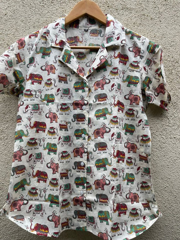 Elephant Print Half Sleeve Cotton Shirt for Women
